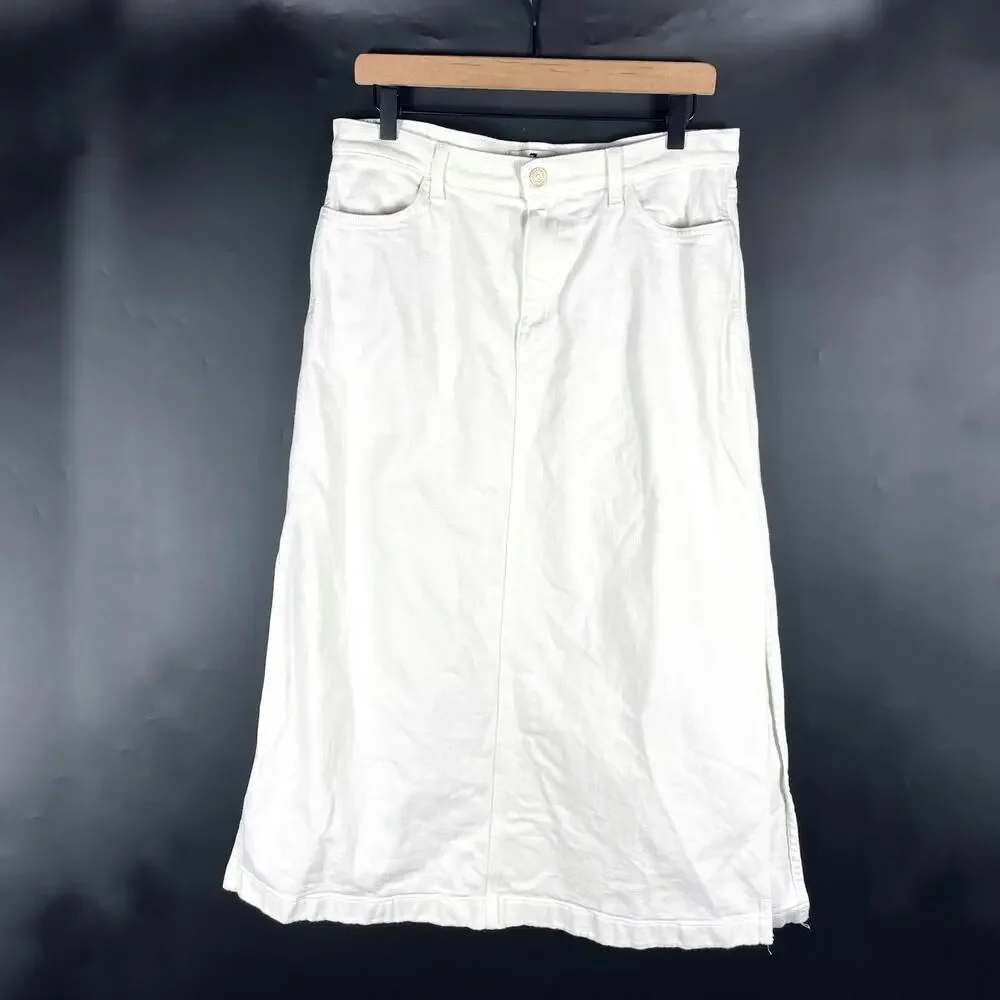 7 For All Mankind Denim Lustre‎ Midi Skirt White Sunny A-Line Side Slit Sz 32